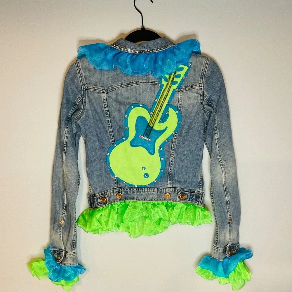 &NOW women's embellished Y2K pop star denim Jean jacket Upcycled sz 4 ruffle DIY